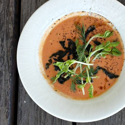Tomato Cream Soup with Sea Lettuce and Sesame