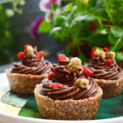 Raw goji cupcakes with salted chocolate frosting